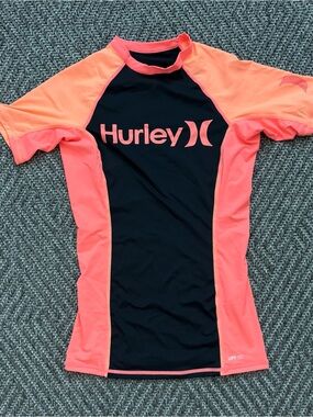 Hurley Black and Neon Coral Short Sleeve Rash Guard